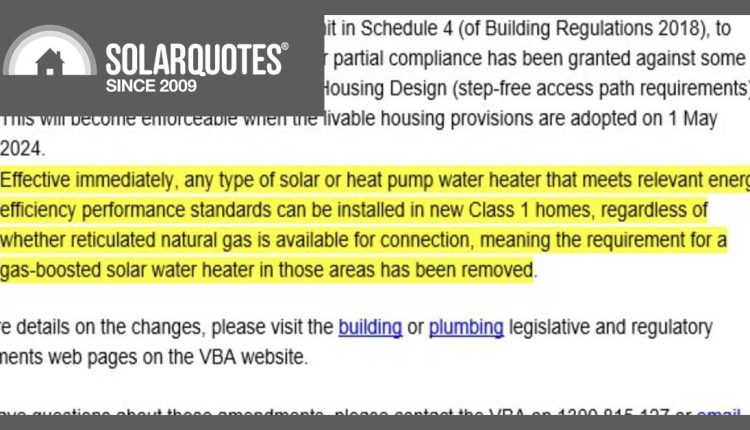 VIC New Builds: Gas Boosted Solar Hot Water Requirement GONE