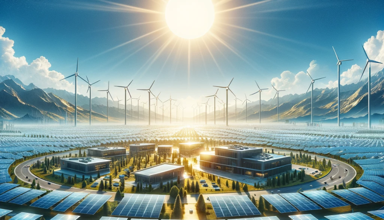 "Advanced solar panels spread across a landscape with eco-friendly buildings in the background, under a bright sun."