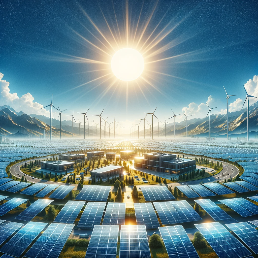 "Advanced solar panels spread across a landscape with eco-friendly buildings in the background, under a bright sun."