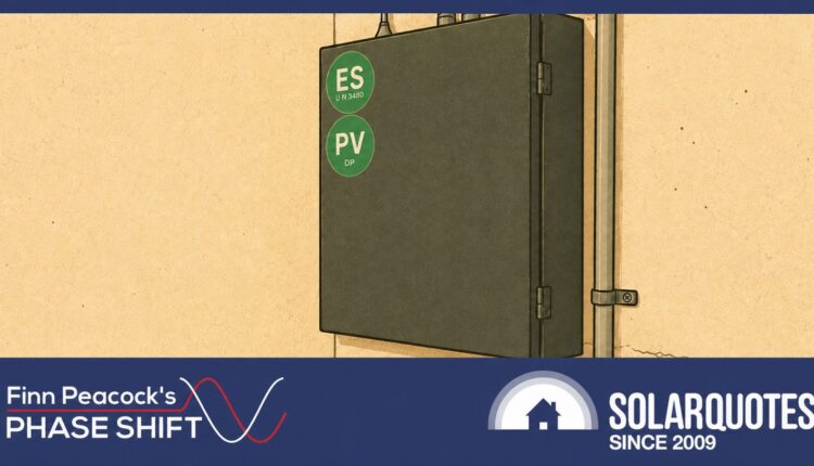 a switchboard with the green ES and PV stickers on the door